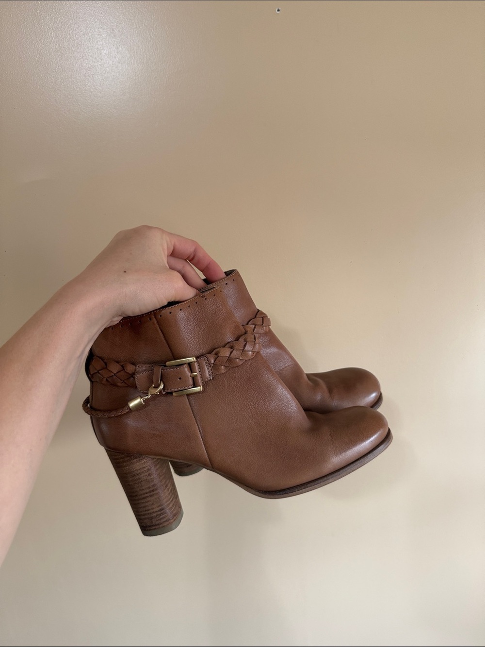 Ecco Cognac Brown Leather Braided-Strap Ankle Boots